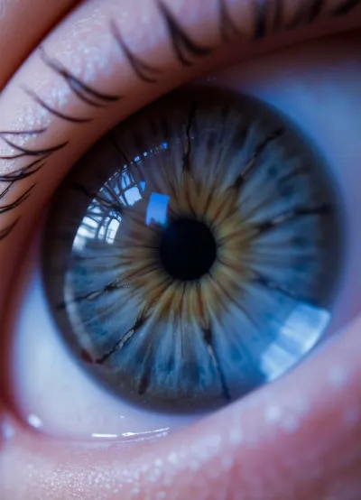 Extreme macro close-up photography of a giant perfectly spherical water droplet resting exactly on a single long eyelash of a female supermodel. Inside the crystal-clear droplet, a sharp and detailed upside-down reflection of a neon-lit haute couture fashion runway and a starry night sky is clearly visible. Inside the water, microscopic bioluminescent particles glow and swirl. Ethereal studio lighting, ultra-detailed skin pores, hyper-realistic, shot on 100mm macro lens, (8k resolution --ar 16:9), --v 6.0
