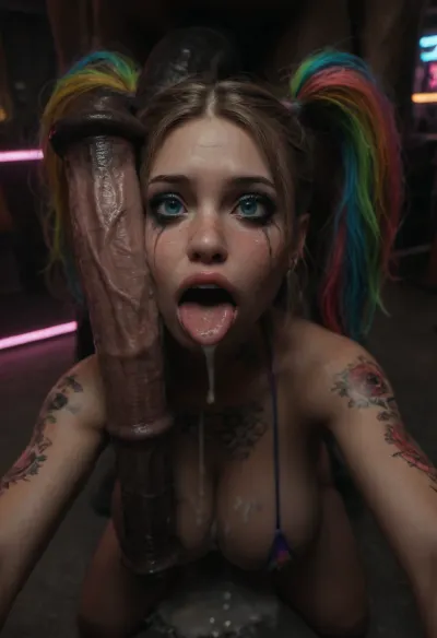(Gigantic perfect bimbo boobs), neon rave girl Hairstyle, Large Hair Volume covered with excessive thick cum, (pig tails covered with excessive thick cum), (extremely slutty happily drooling super busty tattooed rave slut), (extremely slutty bright colored neon makeup, wearing an extremely slutty neon colored raver outfit:1.3), ((mindbreak ahegao expression, excessive thick cum on her cute young possessed face, happily drooling cock worship)), intense blushing, freckles, (eyes wide open, confused crying, smeared neon slut makeup), man with hanging extreme equine cock, (massive extreme flaccid cock:1), (impossible large flaccid equine cock:1), (extreme colossal equine cock dripping lots of cum:1.2), licking flaccid equine cock covered in excessive cum, hanging equine cock on her head, selfie, penis on busty young bimbo's face, excessive cum on her young face, cock on head, rvst, <lora:dark:.1>, <lora:detailed_notrigger:2>, <lora:photorealistic_portrait_notrigger:2>, <lora:rvst:2>