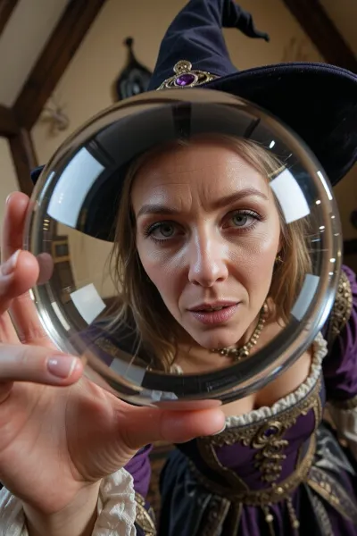 below view. a medieval witch's face seen through a crystal ball that she holds in hand, the scene is viewed from below. Strong distortion throughout the entire visible face and upper body inside the sphere, her whole face compressed and bulging outward through the glass, forehead and chin curving sharply toward the edges of the sphere, eyes appear pulled toward the center, nose appears closer and larger, spherical refraction bending the light across the whole face uniformly. She wears a beautiful medieval mystical dress, a magical hat, she is standing behind the ball holding it. On background the wall and ceiling of the witch magical hut, slightly out of focus. . Fantasy universe.