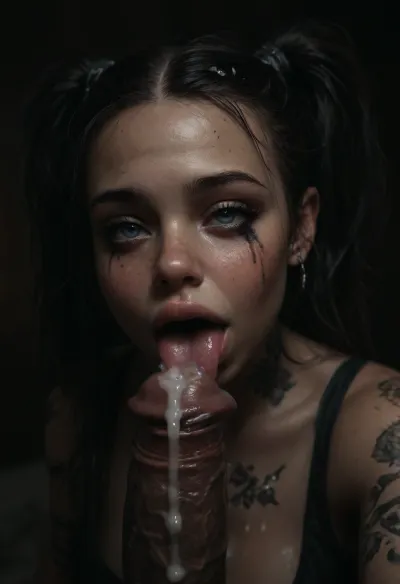 (Gigantic perfect bimbo boobs), random Hair color, Large Hair Volume covered with excessive thick cum, pig tails, ((excessive thick cum on her cute young top model face)), (extremely busty dumb young tattooed punk slave), intense blushing, freckles, intense crying, (eyes wide open ahegao, sad obedient eyes, mindless drooling smile), smeared makeup, (wearing an extremely slutty fishnet cheerleader outfit covered in excessive cum), man with hanging extreme equine cock, (massive extreme flaccid cock:1), (impossible large flaccid equine cock:1), (extreme colossal equine cock dripping lots of cum:1.2), licking flaccid equine cock, hanging equine cock on her head, selfie, eyes full of fear, penis on busty young bimbo's face, excessive cum on her young face, cock on head, <lora:dark:.1>, <lora:detailed_notrigger:2>, <lora:photorealistic_portrait_notrigger:2>, <lora:JuggerCineXL2:2>
