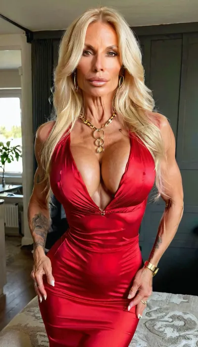 lazy eye, elegant, small fake tits cleavage, pov lapdance, luxury red silk dress, ((old, 50yo)), handcuffed, gold hoop earrings, nose ring, tattoos, sexy neck, ((old blonde hair mom woman)), (tan skin), (skinny muscle), (beautiful Swedish instagram model face), (fit body), very beautiful, perfect skinny body, perfect face, looking at the camera, perfect eyes, (skinny fit), pretty, snub-nosed, long hair, 4ng3l, face, <lora:clothed_small:1.8>, <lora:SDXL_BetterFaces-LoRA_v1:.8>, bmbplora, <lora:bimboxl_02:.8>