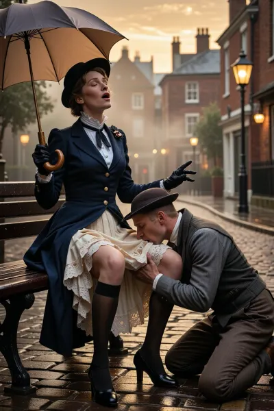 Ultra-photorealistic cinematic Edwardian London scene at golden sunset. Warmes Laternenlicht auf nassem Kopfsteinpflaster, sanfter Nebel, Ziegelhäuser. Entschuldige. Ich mache es jetzt auf Englisch. Ultra-photorealistic cinematic Edwardian London scene at golden sunset. Warm gas lantern light on wet cobblestones, soft mist, brick townhouses. Mary Poppins, thirty years old, sits on a dark wooden bench, head tilted back, eyes closed, mouth open in breathless moaning, One hand holds her iconic umbrella with a very long slim handle, curved parrot head grip, small neat canopy. Her other hand lifts her skirt slightly in a graceful, theatrical gesture and covers the head of Bert, revealing layered cream petticoats with lace ruffles, embroidered underskirt edges, opened legs, black stockings and polished ankle boots, refined and tasteful. Dark navy tailored coat, velvet collar, brass buttons, puffed shoulders, white high neck blouse loosened gently at the throat, tiny pearl buttons, lace trim, black gloves, small flowered hat, flushed cheeks, porcelain skin texture, Bert, 38 years old, kneels bend forward, his head hidden beneath her skirt between her opened thighs, while licking vagina, he wears Worn chimney-sweep jacket, charcoal waistcoat, rolled sleeves, subtle soot on cheekbones, intense romantic chemistry. Rich textures of skin, fabric, lace, wool, leather, and brass, shallow depth of field, thirty-five millimeter full-frame look, warm rim light, high contrast, nostalgic. Maximum tasteful sensuality, no explicit nudity, refined romantic tension.