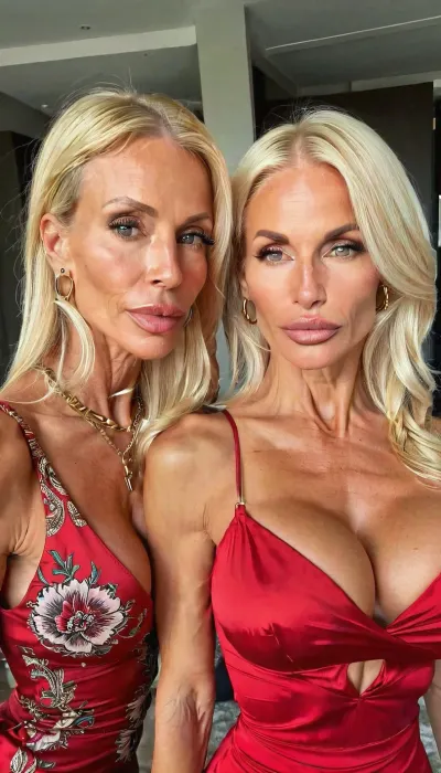 Two sisters, lazy eye, elegant, small fake tits cleavage, pov lapdance, luxury red silk dress, ((old, 50yo)), handcuffed, gold hoop earrings, nose ring, tattoos, sexy neck, ((old blonde hair mom woman)), (tan skin), (skinny muscle), (beautiful Swedish instagram model face), (fit body), very beautiful, perfect skinny body, perfect face, looking at the camera, perfect eyes, (skinny fit), pretty, snub-nosed, long hair, 4ng3l, face, <lora:clothed_small:1.8>, <lora:SDXL_BetterFaces-LoRA_v1:.8>, bmbplora, <lora:bimboxl_02:.8>