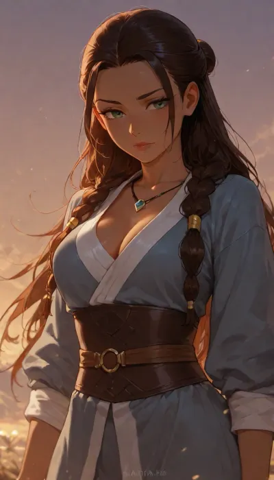 Katara from anime "Avatar the last airborn", <lora:Sideboob_XL:.8>, <lora:Green_Tentacle_White_Slime_-_Anime:.8>