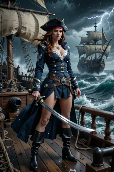 A female pirate captain standing on the deck of her ship during a raging storm. The pirate has long windswept auburn hair, wearing a pirate hat, and her piercing blue eyes glint with determination and defiance. She opens a dark blue coat adorned with golden buttons and silver embroidery, paired with black leather boots. she wields a cutlass with a jeweled hilt. The background is a chaotic stormy sea, with massive waves crashing against the ship's hull and lightning illuminating the dark turbulent sky. The ship itself is a battle-worn galleon with tattered sails, cracked masts, and cannon ports ready for action. In the distance, a massive pirate ship emerges from the mist, (breasts cutout clothing:1.8), (pretty face:1.8), (perfect nose:1.8), slender body, long legs, (full body view:1.3)