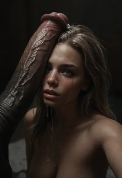 Gigantic perfect boobs, Large Hair Volume, excessive cum on her face, blushing, crying, man with hanging white extreme cock, (massive extreme cock:1), (impossible large equine cock:1), (extreme colossal cock dripping cum:1), flaccid cock, hanging cock, selfie, penis on bimbo's face, penis on her head, cock on head, <lora:dark:.1>, <lora:detailed_notrigger:2>, <lora:photorealistic_portrait_notrigger:2>, <lora:JuggerCineXL2:2>