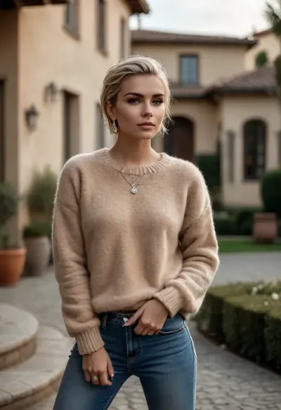 (masterpiece, best quality:1.2), 1 czech 25yo woman, fashion influencer, (she wears a dark beige fluffy mohair sweater, tight jeans and sneakers:1.4), outside a luxury villa, short slicked-back white hair, (modern styled with jewelry, earrings, bangles:1.4), brown eyes, photorealism, <lora:style_lora_realis:.5>, <lora:slicked-back_hair-000006:.5>