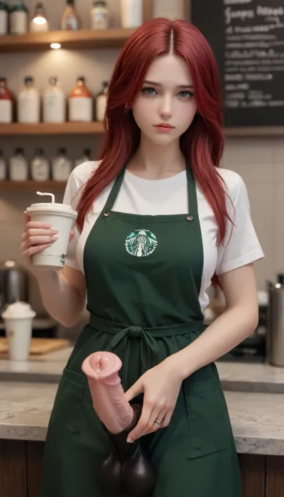 explicit content, (3d:.6), solo, red hair, long hair, closeup, (large breasts, natural breasts, breast sag:.7), white skin, sheath, pink penis head, pink equine penis, black equine penis sheat, futa_overflow, black big cock, semi-erect penis, hyper long penis, black balls, starbucks apron, holding cup of coffe, cum in cup of coffe