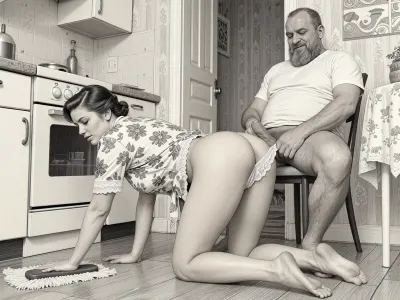 This is is a detailed monochromatic pencil drawing in a classical illustrative style depicts a scene set in USSR in 1950s, Beautiful sexy brown elegant hairstyle adult mother is on all fours and mopping the floors in the kitchen of a Soviet apartment, wearing in a short flowered housecoat, her white lace panties is visible, seductive face, Obese ugly hairy bearded Caucasian old man in a white T-shirt is sitting on a chair behind her and mastubing his dick, lustful mocking smile man's ugly face, he lifts the hem of her robe and looks at her white lace panties. rear view, The overall mood is intense, rendered in fine, expressive line work and subtle shading, evoking the style of 1950s satirical or moralistic illustrations.