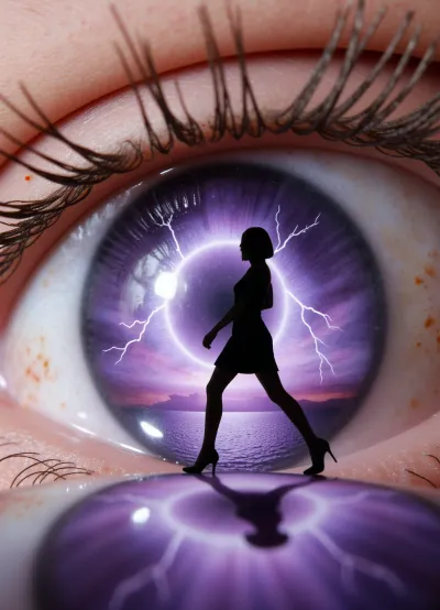 An extreme macro photograph of a human eye, hyperrealistic, featuring ultra-detailed eyelid skin with pores, subtle redness, and tiny moles, along with long, thick, dark eyelashes with a natural curl. The iris and pupil capture a perfectly sharp reflection of a surreal scene, the black silhouette of a slender woman with a short bob, wearing a flared knee-length dress and high heels, then dynamically steps to the right across a mirror-reflective, purple, wet surface. Behind her, a huge, glowing, purple-violet energy vortex with lightning and flashes emanates from above, dark organic, root-like tendrils hang from above, tiny orange-golden particles of light float in the air, and a soft pink-violet glow appears on the horizon. Cool purple tones inside the eye, warm flesh tones outside, cinematic lighting, high detail, 8k, masterpiece