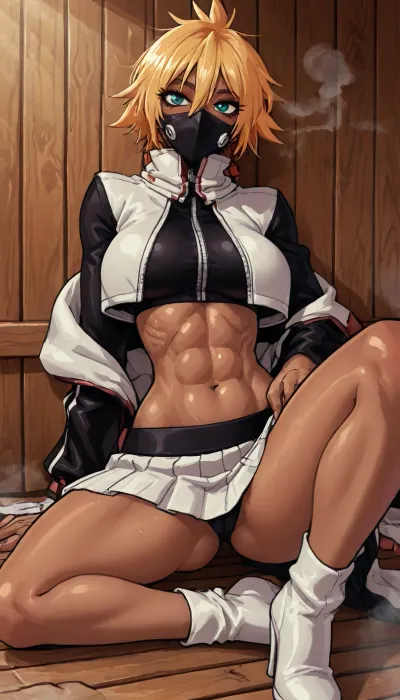 (innv meets jack cayless style), (reiq style, masterpiece, cel-shaded, limited color palette), ((Beautiful Muscles Sexy Tier Harribel from bleach anime body:1.4)), (1girl, solo, alone, 21 year old woman), (dark olive skin:1.7), (golden blonde short hair), (gorgeous, seductive face, aqua green eyes, thick eyelashes, perfect ads, perfect breast, muscles body, perfect hands, perfect legs, big ass, sweaty body), (white Arrancar jacket high collar which coverssuit costun:1.3), (white Arrancar top shirt costun:1.3), (white Arrancar skirt costun:1.3), (Arrancar hallow mask costun:1.3), (white high heels boots black inside), (posing), (sauna, steam, wood, smoke), no horns, ultraviolet light, LoL, Style, lineart, line, art, flat, colors, color, <lora:LCMTurboMix_Euler_A_fix:2>, <lora:lineartSDXL:2>, <lora:mk_Bp Anime_xl:2>, <lora:EnvyBeautyXL02:2>, <lora:EnvyAnimeSpeedpaintXL01:2>