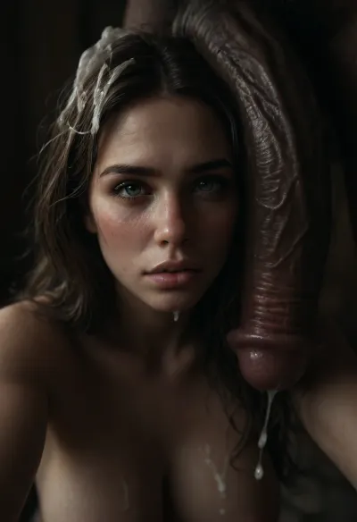 Gigantic perfect boobs, Large Hair Volume, excessive cum on her face, blushing, man with hanging white extreme cock, (massive extreme cock:1), (impossible large equine cock:1), (extreme colossal cock dripping cum:1), flaccid cock, hanging cock, selfie, penis on woman's face, penis on her head, cock on head, <lora:dark:.1>, <lora:detailed_notrigger:2>, <lora:photorealistic_portrait_notrigger:2>, <lora:JuggerCineXL2:2>