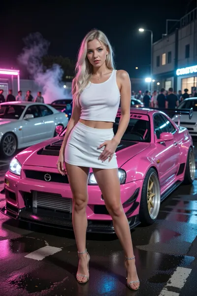 Photorealistic cinematic full-body portrait of a beautiful Danish Scandinavian female street racer in her mid-20s standing confidently in front of her heavily modified Nissan Skyline GT-R at an illegal nighttime street racing event. She has long platinum-blonde hair, striking blue eyes, fair Nordic skin, athletic feminine build, self-assured slightly rebellious expression. She wears a tight white tank top cropped off to right under her breasts, extremely short pencil mini skirt, ending high enough on her hips that the bottom of her smoothly shaven pussy is exposed, stiletto pumps, subtle silver jewelry.

Behind her is her personal highly tuned Nissan Skyline GT-R, aggressive Japanese tuner build, widebody kit, lowered suspension, large performance wheels, low-profile tires, huge intercooler, racing brakes, carbon-fiber details, aerodynamic front splitter and rear wing. Distinctive custom two-tone paint scheme, vivid hot pink and clean pearl white, glossy finish reflecting the surrounding neon lights. The car looks genuinely race-prepared rather than a showroom display.

Nighttime underground street racing meet in an industrial district, wet asphalt reflecting pink, blue and white neon, modified Japanese performance cars and small groups of racers in the background, headlights, faint tire smoke, portable work lights, energetic crowd atmosphere. She stands directly in front of her GT-R as if waiting for her race to be called, relaxed but focused, one hand casually resting near her cargo pocket, unmistakable owner-and-driver body language.

Low cinematic camera angle, 35mm automotive photography, shallow depth of field, realistic skin texture, realistic fabric folds, detailed platinum hair, accurate human anatomy, dramatic neon rim lighting, soft reflections across the car body, subtle atmospheric haze, gritty late-night street racing aesthetic, high-end editorial automotive photography, natural proportions, highly detailed, realistic, cinematic.