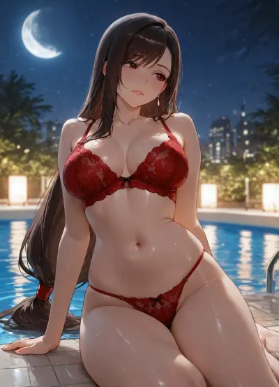 (score_9, score_8_up, score_7_up, score_6_up, (masterpiece), (best quality), (8k), solo, pretty beautiful Tifa Lockhart, brown_hair, red_eyes, naked, medium breasts, red lace panties, red lace bra, red eyes, low-tied long hair, earrings, night pool side, full moon, looking away)