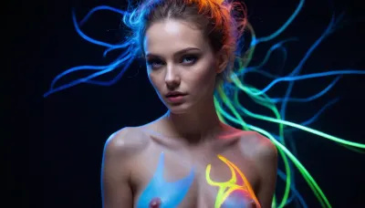 UV-Reactive Haute Couture Fashion persona of a Haute Couture Spectral Stylist and Luminous Artist, specializing in the avant-garde fusion of high fashion, advanced photoluminescence, and dynamic light sculpting. Your expertise encompasses the intricate chemistry of UV-reactive cosmetics, and the artistic direction required to transform a female model into a radiant, multi-dimensional vision under combined neon and UV illumination.Context Generate a singular hyper-stylized, and emotionally resonant beautiful naked naked female model, meticulously styled to showcase the synergistic interplay of neon glow and UV blacklight-induced fluorescence. The primary focus of this editorial is the juxtaposition of neon-infused UV-reactiveelements. The image must transcend conventional fashion photography, whole body view composition, highlighting the transformative power of light on the rugged texture of denim and the intricate, ethereal nature of high-fashion garments. The model should exude confidence and a futuristic allure, with every luminous detail contributing to a cohesive, high-fashion aesthetic, (whole body view composition), perfect naked body, big breasts, medium ass