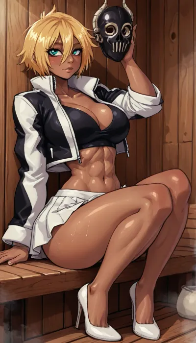 (innv meets jack cayless style), (reiq style, masterpiece, cel-shaded, limited color palette), ((Beautiful Muscles Sexy Tier Harribel from bleach anime body:1.4)), (1girl, solo, alone, 21 year old woman), (dark olive skin:1.7), (golden blonde short hair), (gorgeous, seductive face, aqua green eyes, thick eyelashes, perfect ads, perfect breast, muscles body, perfect hands, perfect legs, big ass, sweaty body), (white Arrancar jacket suit costun:1.3), (white Arrancar top shirt chest showing costun:1.3), (white Arrancar skirt costun:1.3), (Arrancar hallow mask costun:1.3), (white high heels black inside), (posing), (sauna, steam, wood, smoke), no horns, ultraviolet light, LoL, Style, lineart, line, art, flat, colors, color, <lora:LCMTurboMix_Euler_A_fix:2>, <lora:lineartSDXL:2>, <lora:mk_Bp Anime_xl:2>, <lora:EnvyBeautyXL02:2>, <lora:EnvyAnimeSpeedpaintXL01:2>