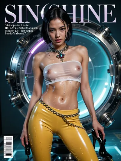 Masterpiece, ((glossy magazine cover)), (((magazine is called "SIN SHINE"))), a beautiful thin Chinese woman model, 5 feet 4 inches, 116 pounds, (cum on breasts:1.5), (latex:1.8), (heavily oiled body:1.7), shiny body, glistening body, wet skin, sweaty skin, 21 years old, short straight black hair, dark eyes, mouth slightly open, ((semen on breasts:1.5)), (wearing shiny tight yellow latex pants), (wearing tight see-through cotton tube top), (((wearing futuristic metal chain belt loosely around waist))), (wearing detailed metal necklace with large colorful scarab), (tiny tits:1.7), flat, (flat chested:1.7), black stiletto high heels, staring lovingly at camera, micro waist, narrow hips, slender thighs, (cameltoe:1.6)