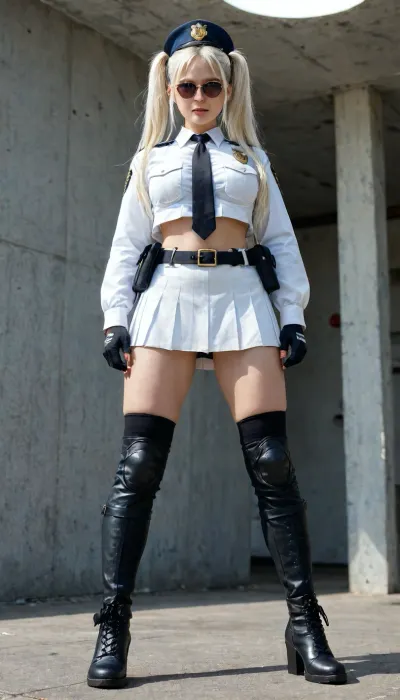 police officer girl, Zhu Yuan, sunglasses, long hair, white hair, Twin ponytails, white police jacket, gloves, white pleated mini skirt, wide hips, hip holster, knee pads, high lace-up boots, looks at the viewer, full-length portrait, below view