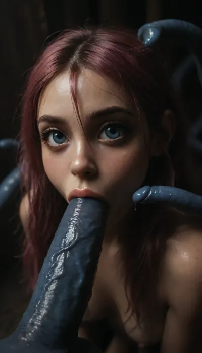 (Jack Cayless art style), (maximum details:1.5), extreme closeup on tentacles entering a girl's mouth and keep moving inside her, keep on moving, further and further inside the girl, very cute obedient 18 yo petite girl, pink hair in pigtails, in dark thick woods at night, ((bright blue seamless tentacles with pointy ends gang bang the girl:1.4)), ((oral penetration:1.9)), thick saliva threads, white wet hair, extra cute, extremely pretty, cute round face and gorgeous face structure, gorgeous model face, ((wet hair)), (cinematic masterpiece), naughty aesthetic, insatiable beauty, <lora:dark:1.1>