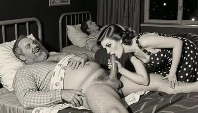 This is is a detailed monochromatic pencil drawing in a classical illustrative style depicts a scene set in USSR, in 1950s, In a hospital at night, in a darkened hospital room, a Obese ugly hairy bearded Caucasian old man lies on a bed in hospital pajamas .lustful mocking smile man's ugly face, Other patients sleep in the same room. His short penis protrudes from his hospital pajamas, hairy testicles visible. A beautiful Russian brown elegant hairstyle curvy mother, she is wearing in polka dot sundress, stands beside him, her eyes wide and her expression very seductive. She holds his penis in hand, leans down, and sucks it intensely. blowjob, His hand on her head. Side lighting creates a dark and sexual atmosphere., The overall mood is intense, rendered in fine, expressive line work and subtle shading, evoking the style of 1950s satirical or moralistic illustrations.