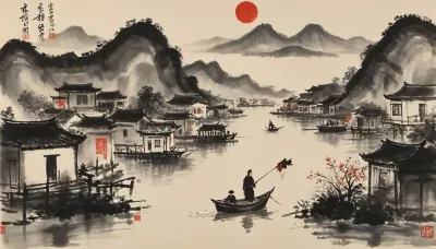 A fishing village, portrayed with the artistic essence of Qi Baishi's renowned brushwork, an ancient fishing village on the shore of the vast ocean, Qi Baishi's signature style brings out the wave's character. The overall scene carries a sense of whimsy and an appreciation for the beauty in everyday life, style, of, Qi, Baishi, baishi, <lora:tbh170-sdxl:2>, <lora:baishi_xl_0_-000004:2>