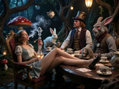 Ultra cinematic storybook fantasy realism, a surreal Victorian wonderland tea party deep inside a dark enchanted forest. Alice, 23 years old, sits on the left side of a long crooked tea table, leaning far back in an ornate chair, fully relaxed and mischievously chilled, She sits languidly on the ornate chair with her legs spread wide, her shoes resting casually on the edge of the table amidst porcelain cups and playing cards, In her right hand, a prominent crystal glass hookah with clear reservoir, glowing tobacco in a small shallow bowl. Alice exhales dense white smoke that curls around her face and drifts into the warm lantern light, Gentle dreamy half-smile, The Mad Hatter opposite her stays theatrically animated but natural in the eyes, He is wearing an elaborate top hat, a well-groomed waistcoat, and a linen shirt, The March Hare beside him looks disheveled, shaggy grey-brown fur, one bent ear, reddened eyes, worn waistcoat. The Dormouse curls in a teacup. The white rabbit rushes behind with a pocket watch. Oversized red mushrooms, twisted trees, hanging lanterns, floating cups, magical steam and smoke mixing. whimsical madness, elegant chaos, rebellious surreal fairy tale mood, dramatic low-key cinematic lighting