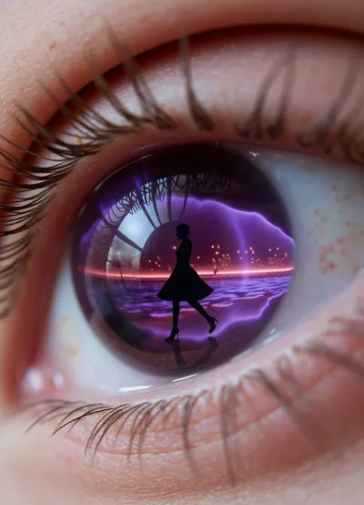 An extreme macro photograph of a human eye, hyperrealistic, featuring ultra-detailed eyelid skin with pores, subtle redness, and tiny moles, along with long, thick, dark eyelashes with a natural curl. The iris and pupil capture a perfectly sharp reflection of a surreal scene, the black silhouette of a slender woman with a short bob, wearing a flared knee-length dress and high heels, then dynamically steps to the right across a mirror-reflective, purple, wet surface. Behind her, a huge, glowing, purple-violet energy vortex with lightning and flashes emanates from above, dark organic, root-like tendrils hang from above, tiny orange-golden particles of light float in the air, and a soft pink-violet glow appears on the horizon. Cool purple tones inside the eye, warm flesh tones outside, cinematic lighting, high detail, 8k, masterpiece