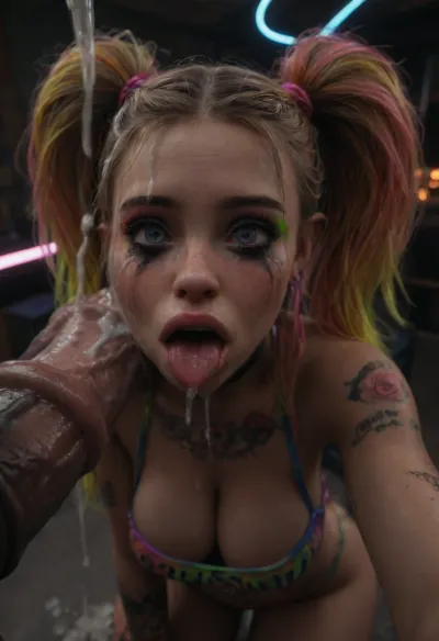 (Gigantic perfect bimbo boobs), neon rave girl Hairstyle, Large Hair Volume covered with excessive thick cum, (pig tails covered with excessive thick cum), (extremely slutty happily drooling super busty tattooed rave slut), (extremely slutty bright colored neon makeup, wearing an extremely slutty neon colored raver outfit:1.3), ((mindbreak ahegao expression, excessive thick cum on her cute young possessed face, happily drooling cock worship)), intense blushing, freckles, (eyes wide open, confused crying, smeared neon slut makeup), man with hanging extreme equine cock, (massive extreme flaccid cock:1), (impossible large flaccid equine cock:1), (extreme colossal equine cock dripping lots of cum:1.2), licking flaccid equine cock covered in excessive cum, hanging equine cock on her head, selfie, penis on busty young bimbo's face, excessive cum on her young face, cock on head, rvst, <lora:dark:.1>, <lora:detailed_notrigger:2>, <lora:photorealistic_portrait_notrigger:2>, <lora:rvst:2>