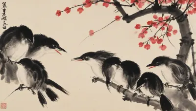 A group of samurai, portrayed with the artistic essence of Qi Baishi's renowned brushwork, near a small ancient Japanse city, a group of samurai are training, Qi Baishi's signature style brings out the wave's character. The overall scene carries a sense of whimsy and an appreciation for the beauty in everyday life, style, of, Qi, Baishi, baishi, <lora:tbh170-sdxl:2>, <lora:baishi_xl_0_-000004:2>