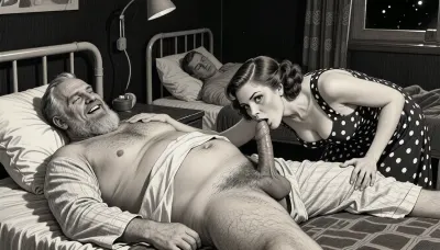 This is is a detailed monochromatic pencil drawing in a classical illustrative style depicts a scene set in USSR, in 1950s, In a hospital at night, in a darkened hospital room, a Obese ugly hairy bearded Caucasian old man lies on a bed in hospital pajamas .lustful mocking smile man's ugly face, Other patients sleep in the same room. His penis protrudes from his hospital pajamas, hairy testicles visible. A beautiful Russian brown elegant hairstyle curvy mother, she is wearing in polka dot sundress, stands beside him, her eyes wide and her expression very seductive. She holds his penis in hand, leans down, and sucks it intensely. blowjob, His hand on her head. Side lighting creates a dark and sexual atmosphere., The overall mood is intense, rendered in fine, expressive line work and subtle shading, evoking the style of 1950s satirical or moralistic illustrations.