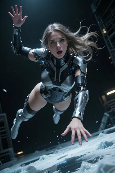 shot taken from an extremely low angle, showing a woman frozen mid-air., (A masterpiece, photorealistic), . A dynamic, complex pose in mid-air., (Perfect human anatomy), . Hair flowing in the air, expressive eyes looking straight into the camera. Cinematic lighting, high-contrast shadows, 8K resolution