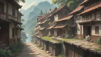 A fishing village, portrayed with the artistic essence of Qi Baishi's renowned brushwork, an ancient fishing village on the shore of the vast ocean, Qi Baishi's signature style brings out the wave's character. The overall scene carries a sense of whimsy and an appreciation for the beauty in everyday life, style, of, Qi, Baishi, baishi, <lora:tbh170-sdxl:2>, <lora:baishi_xl_0_-000004:2>