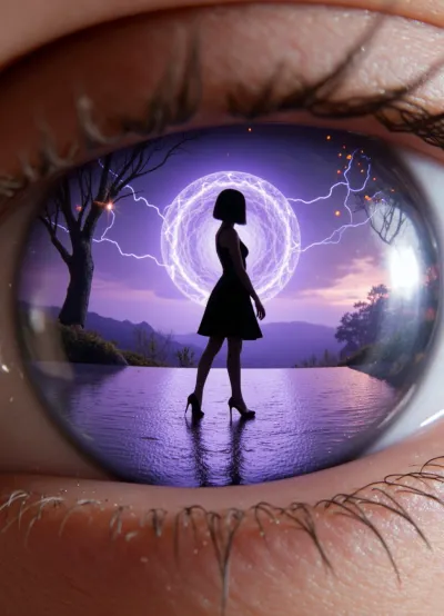 An extreme macro photograph of a human eye, hyperrealistic, featuring ultra-detailed eyelid skin with pores, subtle redness, and tiny moles, along with long, thick, dark eyelashes with a natural curl. The iris and pupil capture a perfectly sharp reflection of a surreal scene, the black silhouette of a slender woman with a short bob, wearing a flared knee-length dress and high heels, then dynamically steps to the right across a mirror-reflective, purple, wet surface. Behind her, a huge, glowing, purple-violet energy vortex with lightning and flashes emanates from above, dark organic, root-like tendrils hang from above, tiny orange-golden particles of light float in the air, and a soft pink-violet glow appears on the horizon. Cool purple tones inside the eye, warm flesh tones outside, cinematic lighting, high detail, 8k, masterpiece