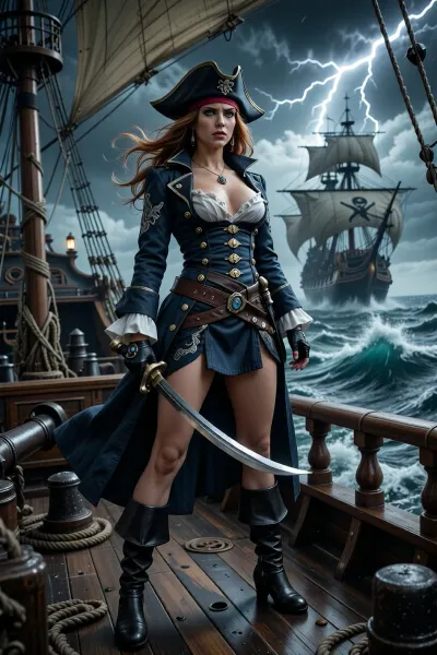 A female pirate captain standing on the deck of her ship during a raging storm. The pirate has long windswept auburn hair, wearing a pirate hat, and her piercing blue eyes glint with determination and defiance. She opens a dark blue coat adorned with golden buttons and silver embroidery, paired with black leather boots. she wields a cutlass with a jeweled hilt. The background is a chaotic stormy sea, with massive waves crashing against the ship's hull and lightning illuminating the dark turbulent sky. The ship itself is a battle-worn galleon with tattered sails, cracked masts, and cannon ports ready for action. In the distance, a massive pirate ship emerges from the mist, (breasts cutout clothing:1.8), (pretty face:1.8), (perfect nose:1.8), slender body, long legs, (full body view:1.3)