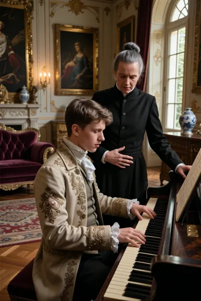 masterpiece, ultra low-key cinematic realism, dramatic underexposure and deep aristocratic shadows, high dynamic range, extreme detail depth. Strong contrast and warm golden afternoon rim light. Inside the grand music salon of an 18th-century villa, a vast old-money home, oil paintings in gilt frames, thick high-pile carpets, polished dark wood, floor-to-ceiling mullioned windows casting long shadows, antique velvet sofa, sideboard with delicate Meissen porcelain. In absolute foreground razor-sharp, a young man, 18 years old, plays an early grand pianoforte, embroidered coat, lace cuffs, every thread and pore visible. Beside him, his piano teacher, 55 years old, hair in a severe grey bun, strict black costume, upper buttons gently undone, face deeply moved. She guides his hand under her costume so his palm rests over her heart, intimate yet tasteful, dramatic historical accuracy, 35mm look. photorealistic and refined.