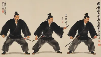 Three samurai warriors, portrayed with the artistic essence of Qi Baishi's renowned brushwork, near a small ancient Japanse city, three samurai warriors, dressed in full battle attire, are training, Qi Baishi's signature style brings out in each of the warriors faces and attire. The warriors are captured in traditional fighting poses. The overall scene carries a sense of whimsy and an appreciation for the beauty in everyday life, style, of, Qi, Baishi, baishi, <lora:tbh170-sdxl:2>, <lora:baishi_xl_0_-000004:2>