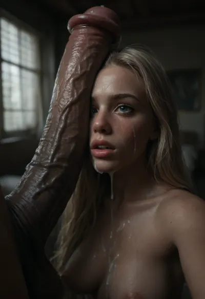 Gigantic perfect boobs, Large Hair Volume, excessive cum on her face, blushing, crying, man with hanging white extreme cock, (massive extreme cock:1), (impossible large equine cock:1), (extreme colossal cock dripping cum:1), flaccid cock, hanging cock, selfie, penis on bimbo's face, penis on her head, cock on head, <lora:dark:.1>, <lora:detailed_notrigger:2>, <lora:photorealistic_portrait_notrigger:2>, <lora:JuggerCineXL2:2>