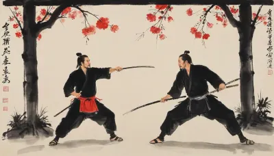 Three samurai warriors, portrayed with the artistic essence of Qi Baishi's renowned brushwork, near a small ancient Japanse city, three samurai warriors, dressed in full battle attire, are training, Qi Baishi's signature style brings out in each of the warriors faces and attire. The warriors are captured in traditional fighting poses. The overall scene carries a sense of whimsy and an appreciation for the beauty in everyday life, style, of, Qi, Baishi, baishi, <lora:tbh170-sdxl:2>, <lora:baishi_xl_0_-000004:2>
