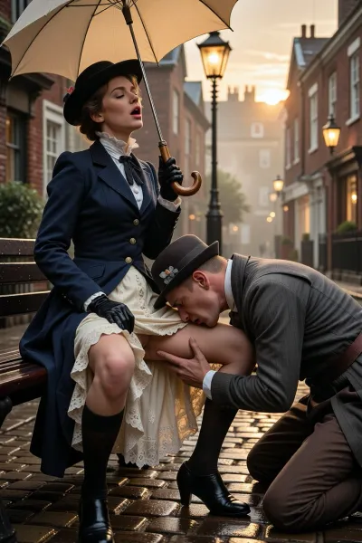 Ultra-photorealistic cinematic Edwardian London scene at golden sunset. Warmes Laternenlicht auf nassem Kopfsteinpflaster, sanfter Nebel, Ziegelhäuser. Entschuldige. Ich mache es jetzt auf Englisch. Ultra-photorealistic cinematic Edwardian London scene at golden sunset. Warm gas lantern light on wet cobblestones, soft mist, brick townhouses. Mary Poppins, thirty years old, sits on a dark wooden bench, head tilted back, eyes closed, mouth open in breathless moaning, One hand holds her iconic umbrella with a very long slim handle, curved parrot head grip, small neat canopy. Her other hand lifts her skirt slightly in a graceful, theatrical gesture and covers the head of Bert, revealing layered cream petticoats with lace ruffles, embroidered underskirt edges, opened legs, black stockings and polished ankle boots, refined and tasteful. Dark navy tailored coat, velvet collar, brass buttons, puffed shoulders, white high neck blouse loosened gently at the throat, tiny pearl buttons, lace trim, black gloves, small flowered hat, flushed cheeks, porcelain skin texture, Bert, 38 years old, kneels bend forward, his head hidden beneath her skirt between her opened thighs, while licking visible vagina, his fingers moving into her tight wet vagina deeply, he wears Worn chimney-sweep jacket, charcoal waistcoat, rolled sleeves, subtle soot on cheekbones, intense romantic chemistry. Rich textures of skin, fabric, lace, wool, leather, and brass, shallow depth of field, thirty-five millimeter full-frame look, warm rim light, high contrast, nostalgic. Maximum tasteful sensuality, no explicit nudity, refined romantic tension.