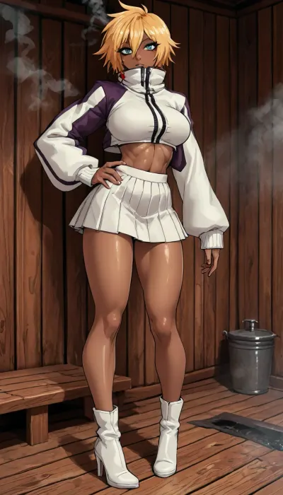 (innv meets jack cayless style), (reiq style, masterpiece, cel-shaded, limited color palette), ((Beautiful Muscles Sexy Tier Harribel from bleach anime body:1.4)), (1girl, solo, alone, 21 year old woman), (dark olive skin:1.7), (golden blonde short hair), (gorgeous, seductive face, aqua green eyes, thick eyelashes, perfect ads, perfect breast, muscles body, perfect hands, perfect legs, big ass, sweaty body), (Arrancar white jacket high collar which covers face suit costun:1.3), (Arrancar white top shirt costun:1.3), (Arrancar white skirt costun:1.3), (white high heels boots black inside), (standing posing), (sauna, steam, wood, smoke), no horns, ultraviolet light, LoL, Style, lineart, line, art, flat, colors, color, <lora:LCMTurboMix_Euler_A_fix:2>, <lora:lineartSDXL:2>, <lora:mk_Bp Anime_xl:2>, <lora:EnvyBeautyXL02:2>, <lora:EnvyAnimeSpeedpaintXL01:2>