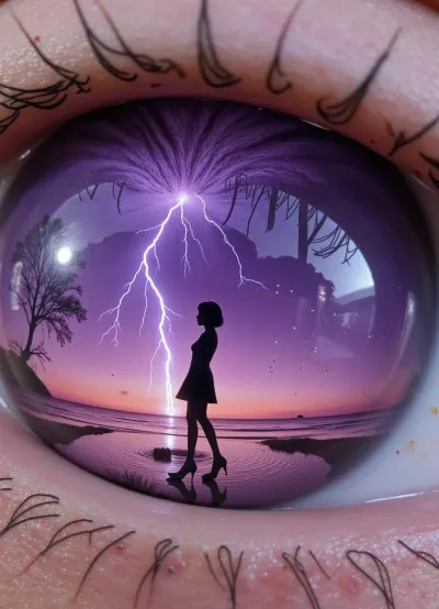 An extreme macro photograph of a human eye, hyperrealistic, featuring ultra-detailed eyelid skin with pores, subtle redness, and tiny moles, along with long, thick, dark eyelashes with a natural curl. The iris and pupil capture a perfectly sharp reflection of a surreal scene, the black silhouette of a slender woman with a short bob, wearing a flared knee-length dress and high heels, then dynamically steps to the right across a mirror-reflective, purple, wet surface. Behind her, a huge, glowing, purple-violet energy vortex with lightning and flashes emanates from above, dark organic, root-like tendrils hang from above, tiny orange-golden particles of light float in the air, and a soft pink-violet glow appears on the horizon. Cool purple tones inside the eye, warm flesh tones outside, cinematic lighting, high detail, 8k, masterpiece