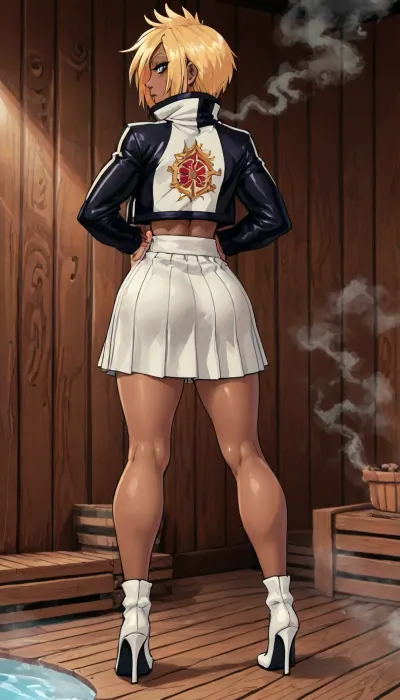 (innv meets jack cayless style), (reiq style, masterpiece, cel-shaded, limited color palette), ((Beautiful Muscles Sexy Tier Harribel from bleach anime body:1.4)), (1girl, solo, alone, 21 year old woman), (dark olive skin:1.7), (golden blonde short hair), (gorgeous, seductive face, aqua green eyes, thick eyelashes, perfect ads, perfect breast, muscles body, perfect hands, perfect legs, big ass, sweaty body), (white Arrancar jacket high collar which covers face suit costun:1.3), (white Arrancar top shirt costun:1.3), (white Arrancar skirt costun:1.3), (white high heels boots black inside), (standing posing), (sauna, steam, wood, smoke), no horns, ultraviolet light, LoL, Style, lineart, line, art, flat, colors, color, <lora:LCMTurboMix_Euler_A_fix:2>, <lora:lineartSDXL:2>, <lora:mk_Bp Anime_xl:2>, <lora:EnvyBeautyXL02:2>, <lora:EnvyAnimeSpeedpaintXL01:2>