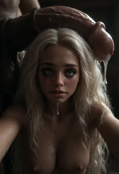 Gigantic perfect bimbo boobs, Large Hair Volume, (excessive cum on her cute young face), blushing, intense crying, sad shy smile, smeared makeup, man with hanging extreme equine cock, (massive extreme cock:1), (impossible large equine cock:1), (extreme colossal cock dripping lots of cum:1.2), flaccid cock, hanging cock on her head, selfie, penis on bimbo's face, excessive cum on her head, cock on head, <lora:dark:.1>, <lora:detailed_notrigger:2>, <lora:photorealistic_portrait_notrigger:2>, <lora:JuggerCineXL2:2>