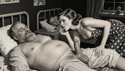 This is is a detailed monochromatic pencil drawing in a classical illustrative style depicts a scene set in USSR, in 1950s, In a hospital at night, in a darkened hospital room, a Obese ugly hairy bearded Caucasian old man lies on a bed in hospital pajamas .lustful mocking smile man's ugly face, Other patients sleep in the same room. His penis protrudes from his hospital pajamas, his large, full testicles visible. A beautiful Russian brown elegant hairstyle curvy mother, she is wearing in polka dot sundress, stands beside him, her eyes wide and her expression very seductive. She holds his penis in hand, leans down, and sucks it intensely. blowjob, His hand on her head. Side lighting creates a dark and sexual atmosphere., The overall mood is intense, rendered in fine, expressive line work and subtle shading, evoking the style of 1950s satirical or moralistic illustrations.