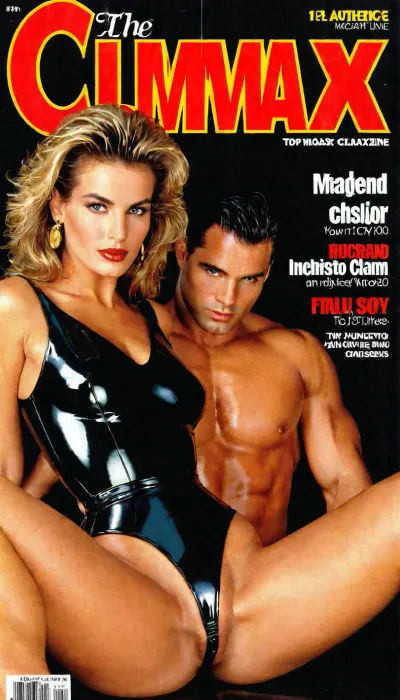 90s Color Climax magazine cover, authentic European adult magazine style from the mid-1990s, highly detailed and realistic.

Vertical portrait format, glossy magazine cover. Top of the cover has a thick banner with the words "COLOR CLIMAX" in bold, slightly condensed, all-caps sans-serif font with a soft drop shadow and mild chrome/gold edge effect. Under the main logo a smaller line of text reads "ISSUE 142

The cover shows a kinky couple