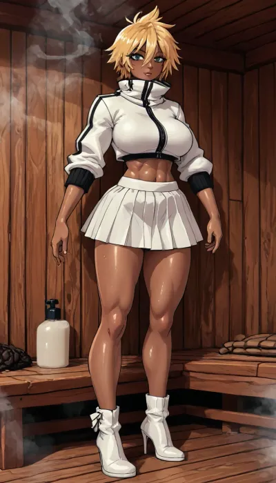 (innv meets jack cayless style), (reiq style, masterpiece, cel-shaded, limited color palette), ((Beautiful Muscles Sexy Tier Harribel from bleach anime body:1.4)), (1girl, solo, alone, 21 year old woman), (dark olive skin:1.7), (golden blonde short hair), (gorgeous, seductive face, aqua green eyes, thick eyelashes, perfect ads, perfect breast, muscles body, perfect hands, perfect legs, big ass, sweaty body), (white jacket high collar which covers face suit Arrancar costun:1.3), (Arrancar white top shirt costun:1.3), (Arrancar white skirt costun:1.3), (white high heels boots black inside), (standing posing), (sauna, steam, wood, smoke), no horns, ultraviolet light, LoL, Style, lineart, line, art, flat, colors, color, <lora:LCMTurboMix_Euler_A_fix:2>, <lora:lineartSDXL:2>, <lora:mk_Bp Anime_xl:2>, <lora:EnvyBeautyXL02:2>, <lora:EnvyAnimeSpeedpaintXL01:2>
