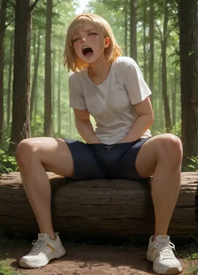 photorealistic, blonde hair, small breasts, t-shirt, shorts, sneakers dirty, wet, on forest, (sitting on tree trunk), (hands in pants), screaming, sweaten, legs spread wide, masturbating, side view