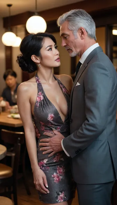 Full body view, RAW photo, subject, (high detailed skin:1.1), 8k uhd, soft mood lighting, high quality, film grain, Fujifilm XT3, dynamic angle, a gray-haired Japanese man in a suit embraces a busty 40 years old Japanese-American woman, ((full body view)), slim figure, slender body, fair skin, ((angry:.1)), (show full face), professional portrait, in a busy Japanese restaurant at night, people eating sushi and drinking wine or cocktails in the background, she is wearing a short summer sundress, ((dark updo hairstyle)), low-cut neckline, halter dress, skimpy dress, cleavage, black high-heel pumps.