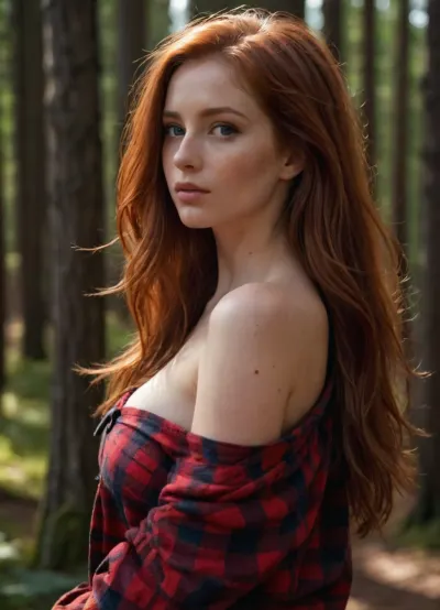 realistic magazine photo, high quality photo, masterpiece, 8k, stunning woman full portrait, random face, random nation, redhead, extra long hair, long oversized red plaid shirt, top of the shirt is unbuttoned, one sleeve of the shirt fallen off shoulder, perfect shape breasts under the shirt, side view, she turned her face to the camera, everything forest on background, sunlight_str1, <lora:sunlight_str1-SDXL_v1-dim64-steps1691:.8>