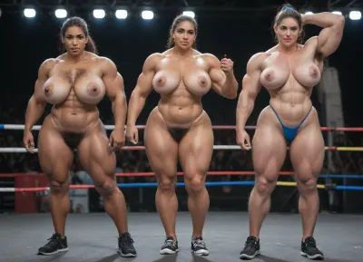 ((several extremely muscular female bodybuilder MILFs standing on competition stage)), ((double-biceps pose)), (she is wearing a blue thong), ((one from the front, one from the back)), front and back view, (deep tan), beautiful Latina, the other is a beautiful african, ((extrem anatomically body)), ((narrow waist)), ((wide hips)), ((intense smilimng facial)), extrem muscular body, (defined glute muscles:1.3), (((large biceps))), standing posing, strained facial expression, heavily oiled skin, ((defined musculature)), very narrow waist, ((wasp waist)), ((extremely muscular glutes)), strong abs, large natural breasts, slightly sagging breasts, ((very large natural breasts)), (((heavily hairy pubic area:1.6))), ((pubic hair extending up to the navel:1.7)), ((small tight hairy pussy)), ((black hair tied in a ponytail)), (very hairy pussy:1.6), ((black pubic hair)), (heavily hairy armpits:1.6), muscular thighs, deep tan, (distinct tan lines:1.4), (((double-biceps pose:1.6))), (she is posing on a competition stage, many spectators sitting in front and applauding), (full-body shot:1.3), HDR, HD, extremely realistic, ultra-high level of detail, award-winning photo